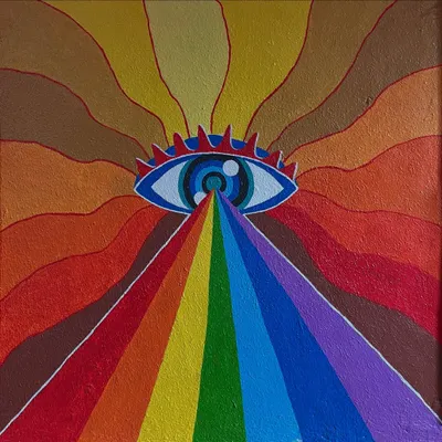 A close-up of a psychedelic eye mural, where a rainbow of light radiates from the center. The warm colour palette and bold lines create a mesmerizing effect.