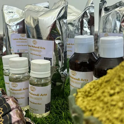 Our complete range of luxury henna products, including organic henna powder, essential oils, and aftercare balms, all available for you to purchase.