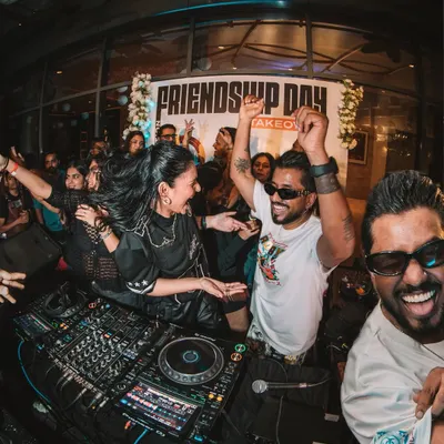 This is what an SMXS Takeover looks like. Me and Shameless Mani behind the decks, surrounded by a high-energy crowd at our Friendship Day sundowner in Pune. It's pure madness.