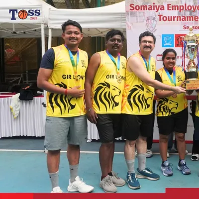 The champions of the inaugural Somaiya Basketball TOSS 2025, the GIR LIONS, celebrating their victory. I provide high-quality team jerseys and awards to make corporate leagues feel official.