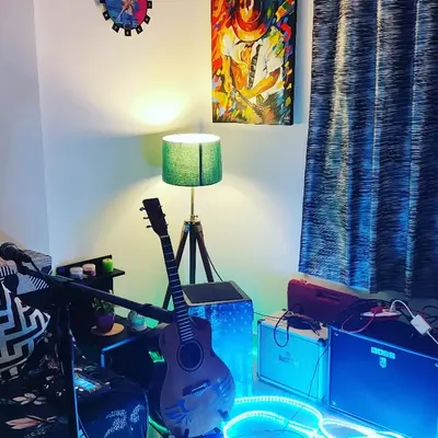 My happy place. A look at my jam room corner, with my guitars, amps, and pedals all set up for a weekend practice session.