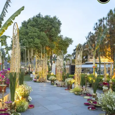 A truly grand welcome. This outdoor wedding entrance features ornate golden structures, lush banana plants, and an abundance of white and yellow flowers, creating a luxurious and traditional path for guests.
