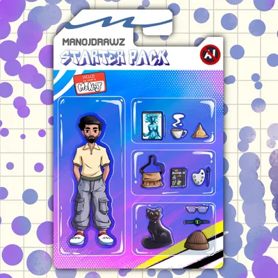 I decided to hop on the starter pack trend, but drew it all myself. This is the 'Manoj Drawz Starter Pack' presented like an action figure, complete with all my essential items.