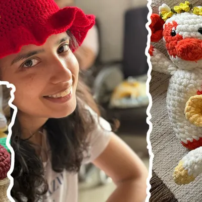 A collage showcasing the range of our custom crochet gifts, from adorable cow plushies and strawberry hats to everlasting flower bouquets. Each item is handmade with love, ready to make your moments special.