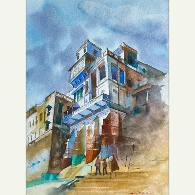 A watercolour landscape of Varanasi. I used a limited palette to capture the morning light hitting the ancient buildings and the deep shadows of the ghats, creating a sense of peace and timelessness.