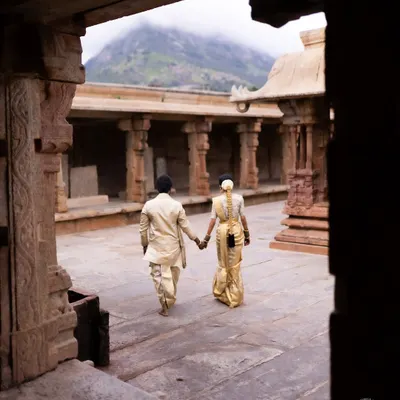 Walking hand-in-hand through the stone corridors of a historic temple, with the mountains in the distance. This frame captures the beginning of their journey together, rooted in tradition.