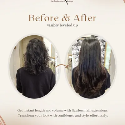 This before and after showcases a dramatic increase in length and fullness. We transformed her wavy, mid-length hair into a long, sleek style that looks effortlessly healthy and chic.