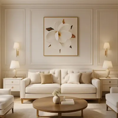This neoclassical living room is a masterclass in symmetry and subtle luxury. I used soft cream tones, refined wall paneling, and carefully chosen accents to create a space that feels polished, inviting, and timelessly elegant.