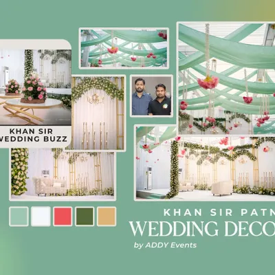 A look into the elegant wedding decor we designed for the renowned Khan Sir in Patna. This collage highlights our versatility, from pastel green drapes and floral arrangements to a regal Nikah stage, all curated to reflect cultural grace and sophistication.