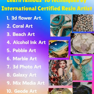 Join my full professional resin art course and learn 10 main techniques, including 3D photo art, pebble art, marble art, and more. This comprehensive workshop is available both online and offline in Delhi, with lifetime recording access provided.