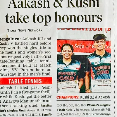 A proud feature in the Times News Network. This article, "Aakash & Kushi take top honours," celebrates their singles titles in the first state-ranking tournament of the year.