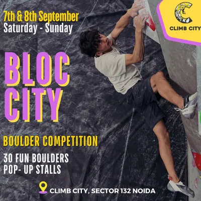 Here is the official poster for our Bloc City Boulder Competition. It shows a climber in action, giving you a feel for the dynamic challenges you can expect. We pack the event with 30 fun boulder problems and pop-up stalls from our partners.
