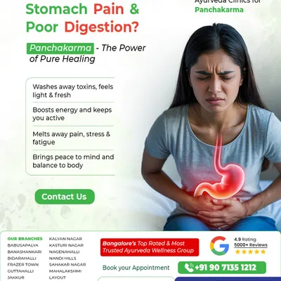 This image explains how Panchakarma, the power of pure healing, can resolve stomach pain and poor digestion. It details the benefits of this deep detoxification process, including washing away toxins, boosting energy, and melting away stress.