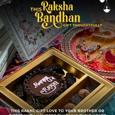 This is my signature Raksha Bandhan hamper, thoughtfully designed to feel like a warm hug. It includes a custom "Happy Rakhi" cake and healthy chocolate treats, all beautifully packaged to make your sibling feel truly special.