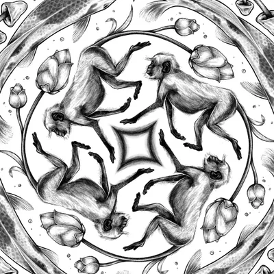 A close-up of the 'Forest of Enchantment' mandala, showing the four langurs at the center. The symmetrical design creates a sense of balance and harmony.