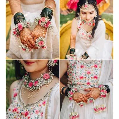 A collage showcasing the bride's beautiful floral jewelry for her Haldi ceremony. These detail shots capture the vibrant colors and intricate designs of her accessories.