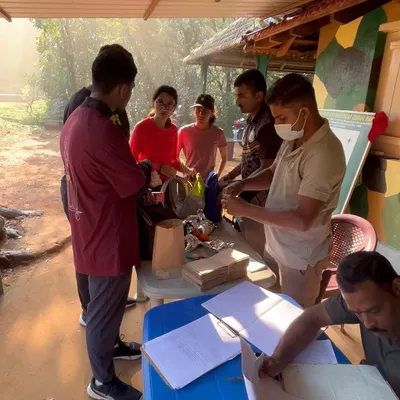 Our trekkers at a forest department checkpoint for the Kumara Parvatha trek. All plastic items are checked and accounted for to ensure nothing is left behind on the trail.