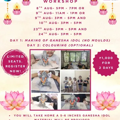 My eco-friendly Ganesha making workshop is a festive favorite. This flyer details the two-day process where you learn to sculpt and paint your own idol from scratch, using only water-soluble materials.