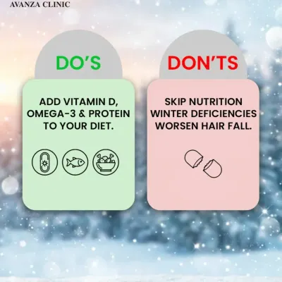 Winter can be harsh on your hair. We advise adding Vitamin D, Omega-3, and protein to your diet and not skipping nutrition, as deficiencies can worsen hair fall during colder months.