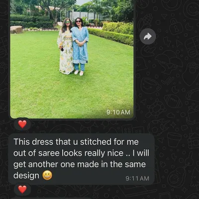 This is why I do what I do. A screenshot of a happy client's message after receiving her dress made from an upcycled saree. Her excitement is my greatest reward.