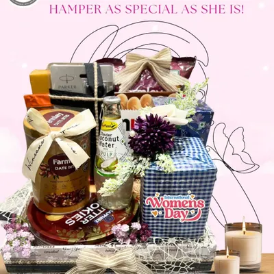 Celebrate her magic with a hamper as special as she is. This Women's Day hamper is filled with treats, a refreshing drink, and a scented candle.