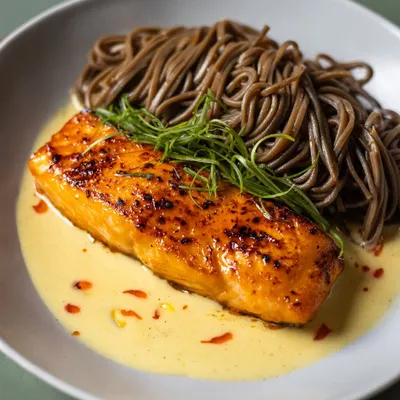 This is our Chili Miso Glazed Grilled Salmon. The richness of the fish is balanced by a subtle heat and served with soba noodles and a silky smoked corn beurre blanc. It's a plate you'll remember.