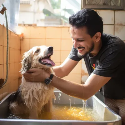 For pups who prefer a calmer experience, our indoor professional tub is a safe and cozy space. I always go slow and gentle, making sure they feel secure and loved during their dog washing session.