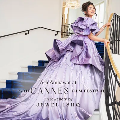 A full-length view of the breathtaking look we created for the 77th Cannes Film Festival. The lavender gown's grandeur is perfectly balanced by our elegant diamond necklace, bracelet, and a striking blue sapphire ring, proving that the right jewellery completes the masterpiece.
