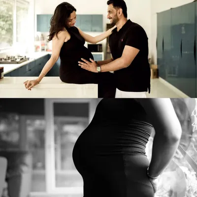 A collage showing an intimate indoor session. It features a tender moment between the couple in their kitchen and a beautiful black and white silhouette of the baby bump.