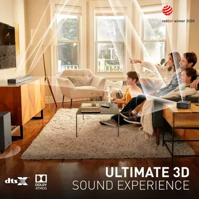 Experience ultimate 3D sound with the JBL Bar 9.1. This image illustrates how Dolby Atmos and DTS:X technology create overhead sound effects, making you feel like you're right in the middle of the action, just like in a real movie theater.