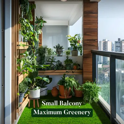 A perfect example of maximizing greenery on a small balcony. I used artificial turf for the floor and filled the space with a variety of potted plants on shelves and stands to create a lush urban paradise.