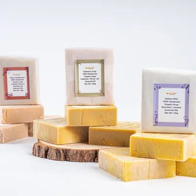 My range of summer-essential cold process soaps. Each bar is 100% natural, made with organic ingredients like Multani Mitti, Calamine, and Ubtan to keep your skin healthy and glowing.