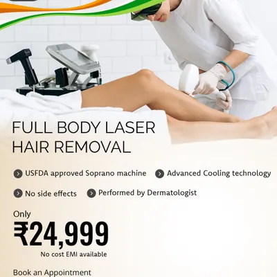 Get freedom from unwanted hair with our full body laser hair removal package. This offer uses the USFDA-approved Soprano machine with advanced cooling technology, performed by a dermatologist to ensure safety and effectiveness with no side effects.
