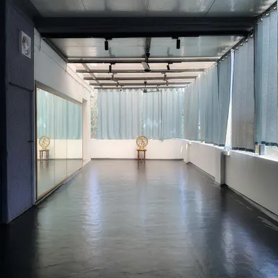 A view of our main practice hall, where natural light fills the room. The full-length mirrors help you refine your alignment and posture during our yoga sessions.