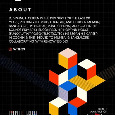An 'About' graphic from a past event. It details my 20-year career and my primary sound, which includes Hip Hop, RnB, and various forms of House music.