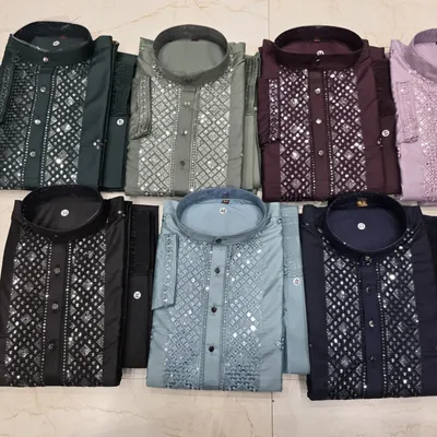 An overview of my ready-to-wear mirror-work kurta collection. These are available in a variety of popular colors like black, navy, grey, maroon, and pastel blue.