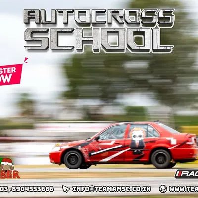 This poster details our Tarmac Autocross School, a one-day intensive workshop. Participants get to learn from professional racers and drive on a real autocross course.