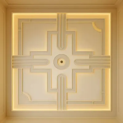 This is a classic and intricate POP design that exudes elegance. The symmetrical, geometric pattern is highlighted by soft cove lighting, creating a sophisticated and timeless look for a formal space.
