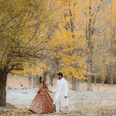 A couple walks hand-in-hand through a path lined with yellow autumn trees in Himachal. This shot captures the beauty of the season and the romance of a mountain escape.