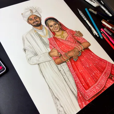 A beautiful wedding portrait for a couple from Gujarat. I used a 72-shade set of Brustro colour pencils to capture the vibrant red of the lehenga and the intricate details of their attire.