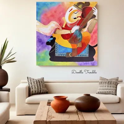 Here is my modern Ganesha painting shown in a living room setting. The vibrant, blended colors and distinct form make it a powerful focal point that radiates positive energy.