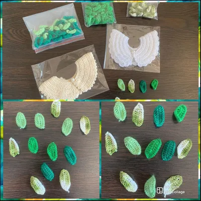 This image shows a bulk order prepared for a boutique, consisting of detachable collars and dozens of leaf-shaped appliqués in various shades of green.