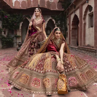 A royal-themed photoshoot. This image captures the grandeur and elegance of high-fashion bridal styling.