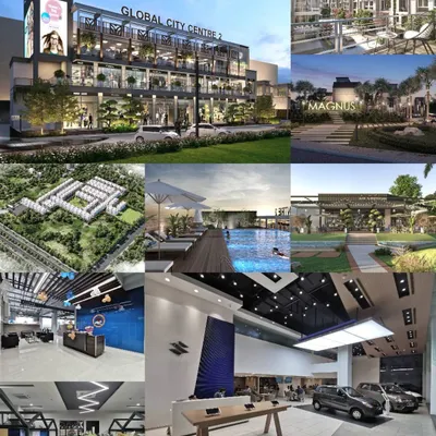 This collage offers a glimpse into the variety of my work. It features everything from large-scale commercial centers and residential communities to detailed interior designs for automobile showrooms and corporate offices.