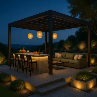 This pergola and bar lounge in Shimla is a prime example of luxury outdoor living. The structure provides a framework for the stone bar and seating area, with pendant and accent lights creating a warm, inviting atmosphere for evening gatherings.
