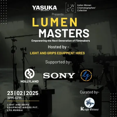 The official poster for our 'LUMEN MASTERS' workshop, hosted at our Mumbai facility. These events bring together aspiring filmmakers and industry partners like Sony for hands-on learning and networking.