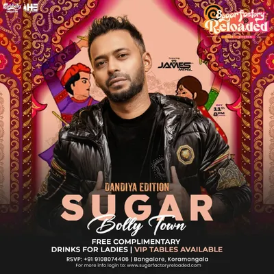 Poster for a 'Dandiya Edition' party at Sugar Factory. I love curating sets for festive nights, complete with free dandiya sticks and a full ethnic wear vibe.