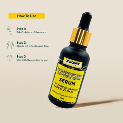 A product infographic for Zoopx serum. This image clearly lays out the "How To Use" steps with simple icons and text, providing valuable information to the customer in a visually appealing format.