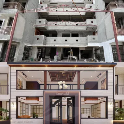 A before-and-after comparison of a luxury housing tower foyer. My 3D design visualization on the bottom shows the planned aesthetic, while the top image shows the raw construction site, illustrating how I bring a detailed vision to life.