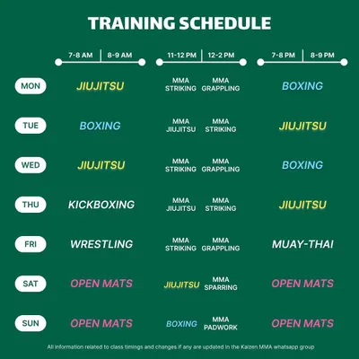 Our updated training schedule with more classes. We've added new morning and evening slots, plus four new open mat sessions, to make training accessible for everyone.